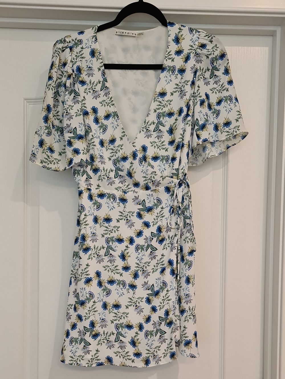 Alice + Olivia White Floral Wrap Mini Dress with Blue and Green Print